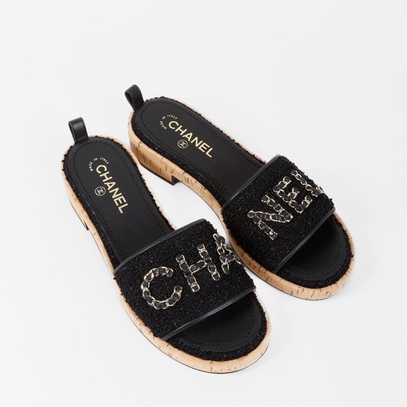 CHANEL Shoes - Chanel 21C Tweed Chain Letter Slides